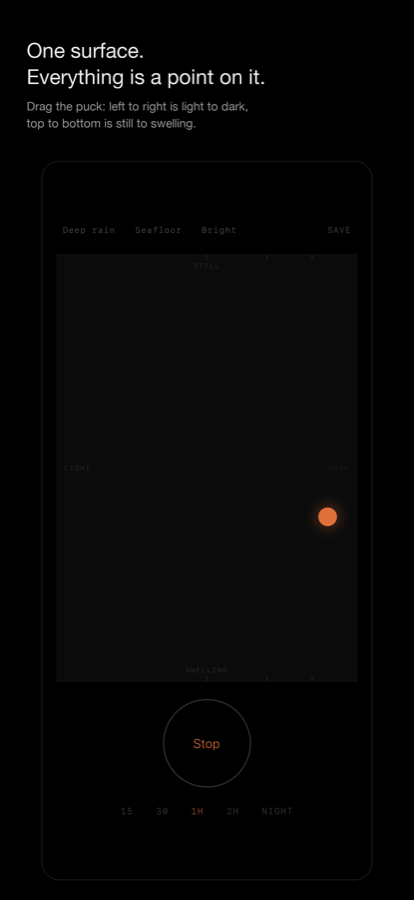Sound Terrain running on iPhone: a dark surface with a single ember puck, saved sounds along the top, and a timer ring below showing 15, 30, 1H, 2H and NIGHT.
